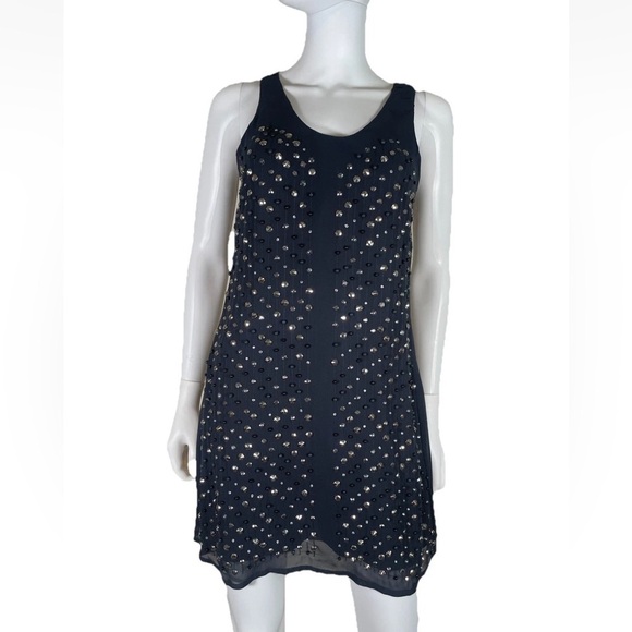 FRENCH CONNECTION Dress Navy Blue Studded Rockstud V Neck Sleeveless Shift boho - Picture 1 of 16